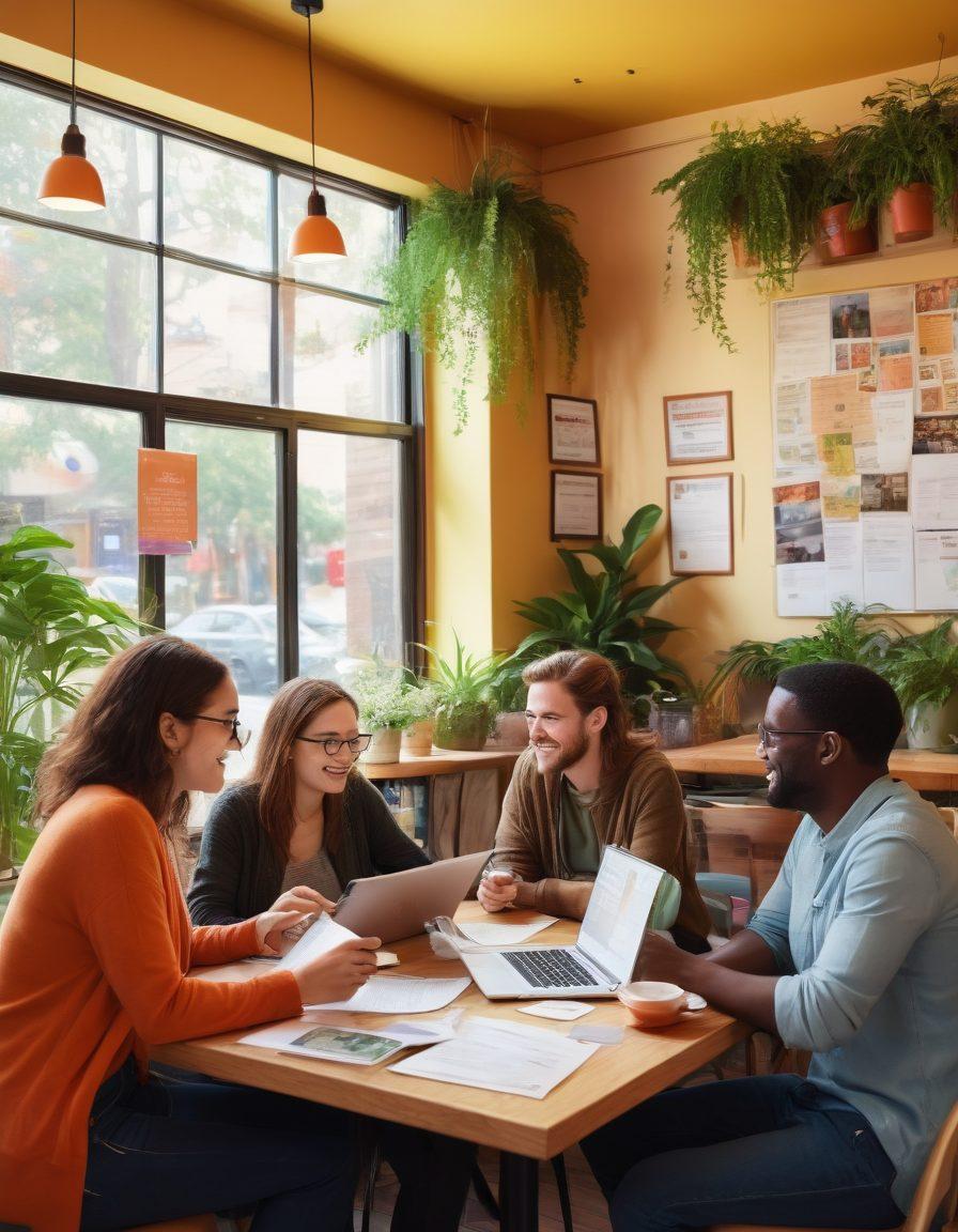 A vibrant scene illustrating a diverse group of people engaged in a lively discussion in a cozy coffee shop, with laptops and notebooks scattered around. Bright plants adorn the space, creating a welcoming atmosphere. In the background, a bulletin board filled with community event flyers adds depth to the setting. The expressions on their faces show enthusiasm and connection. super-realistic. warm colors. 3D.