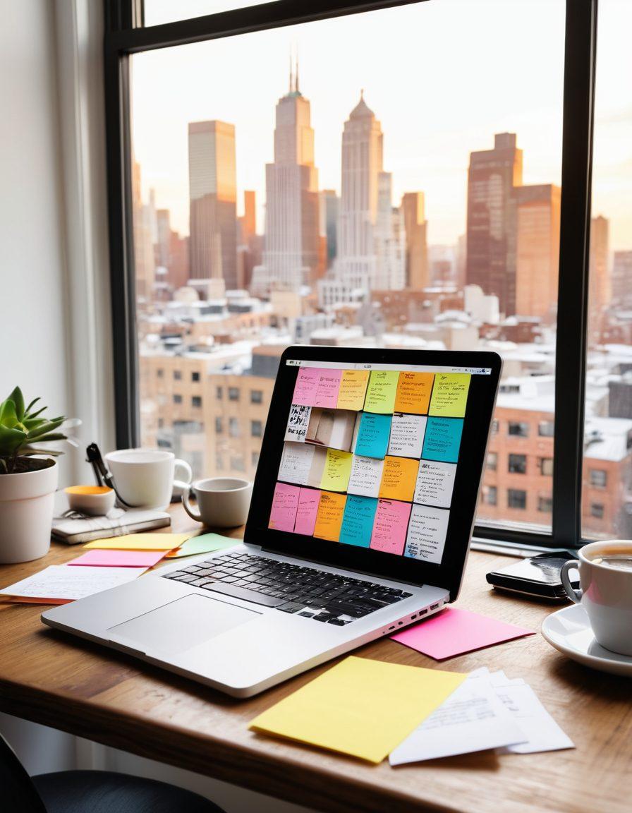 A captivating desk scene showcasing a diverse array of blogging tools: a laptop open to a vibrant article draft, colorful sticky notes with brainstorming ideas scattered around, and a steaming cup of coffee. In the background, a large window revealing a bustling cityscape inspires creativity. This visual encapsulates the journey from concept to written word, emphasizing ideas and content creation. super-realistic. vibrant colors. white background.